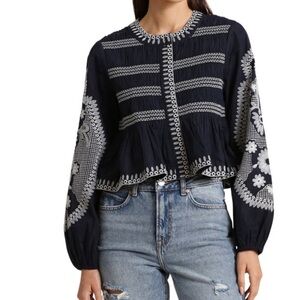 7 For All Mankind Navy and White Embroidered Blouse / jacket